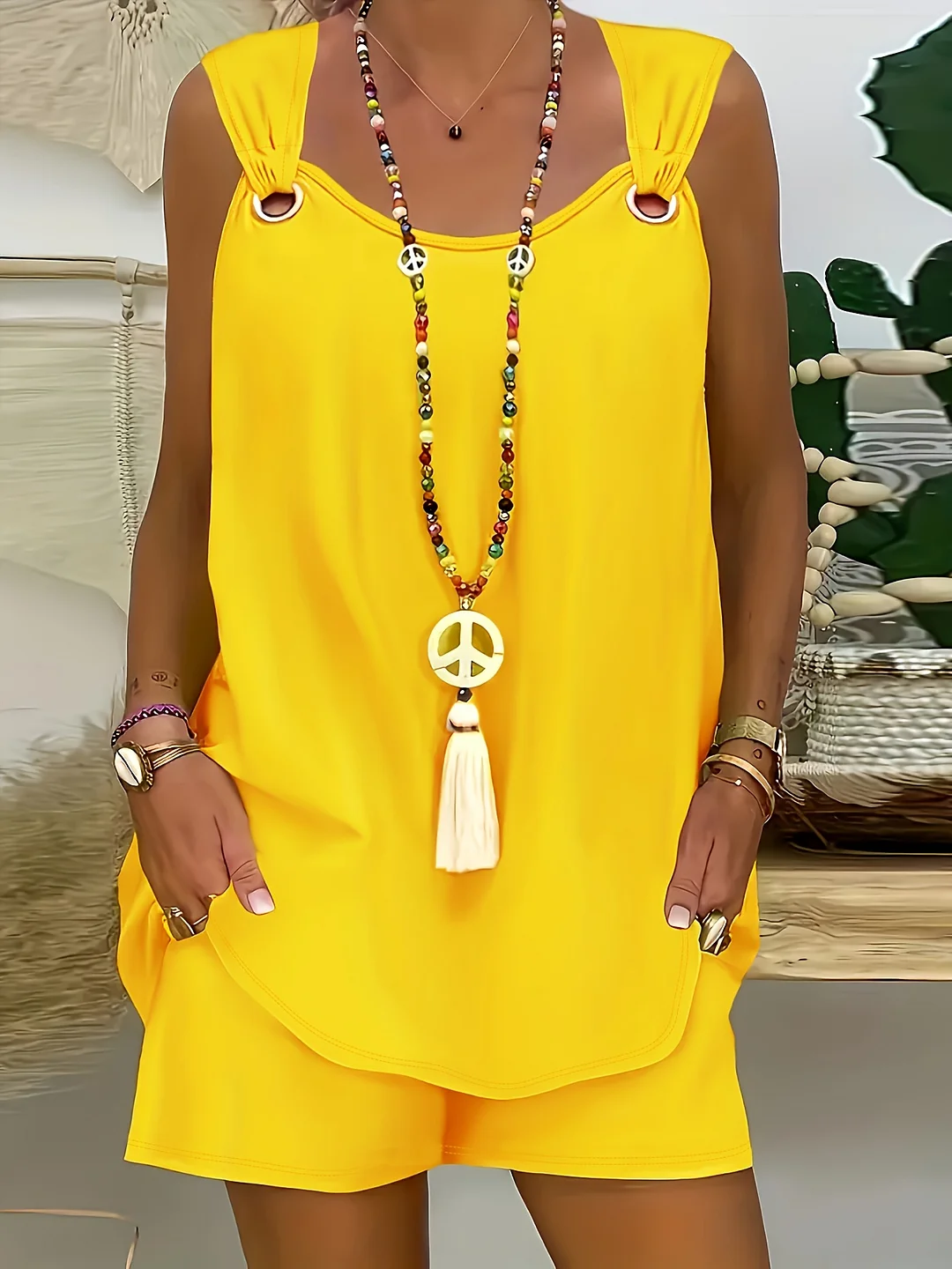Summer Women's Short Leisure Cuffess Loose Leisure Yellow Vest | IFYHOME