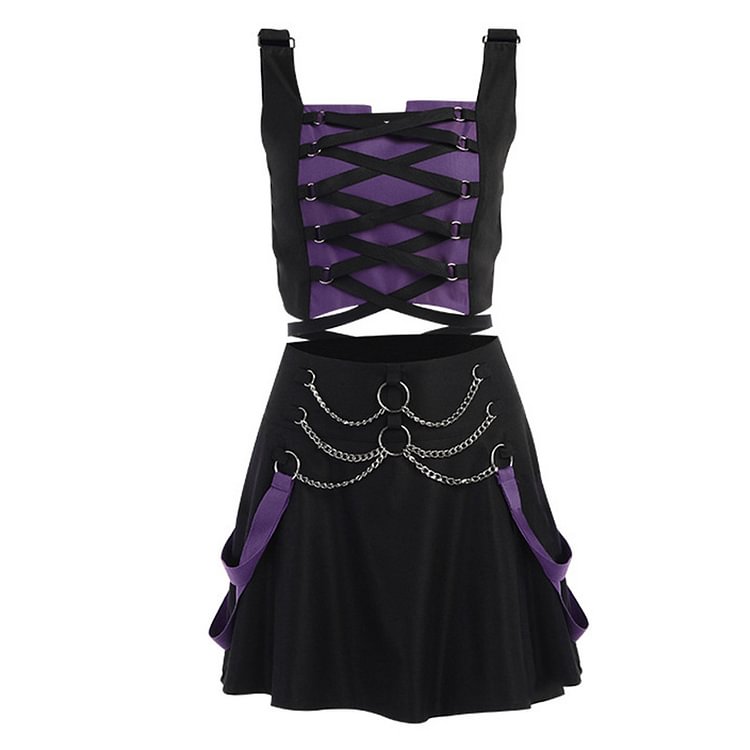 Gothic Colorblock Chain Camisole Skirt Set - Modakawa modakawa
