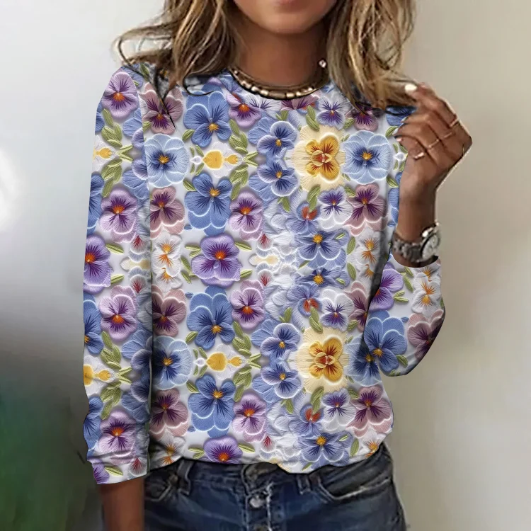 Women's Vintage Colorful Floral Art Casual T-Shirt-mysite