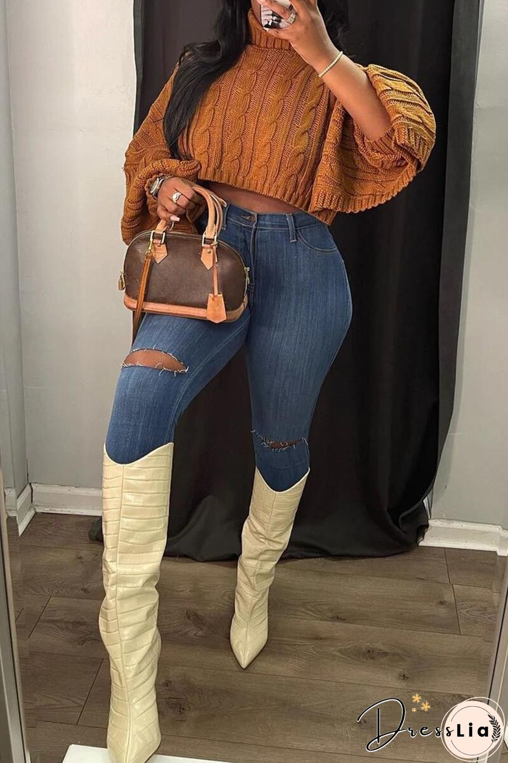 Solid Color Turtleneck Bat Sleeve Sweater Crop Top