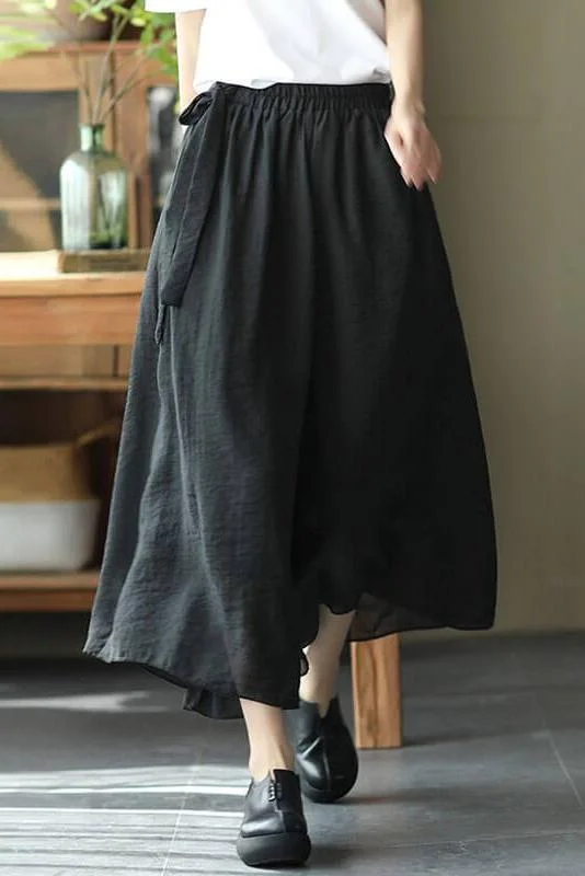 Solid Elastic Waist Lace-up Wide Leg Pants