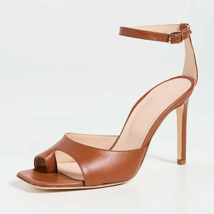 Brown Open Square Toe High Heels Sandals with Buckled Ankle Strap |FSJ Shoes