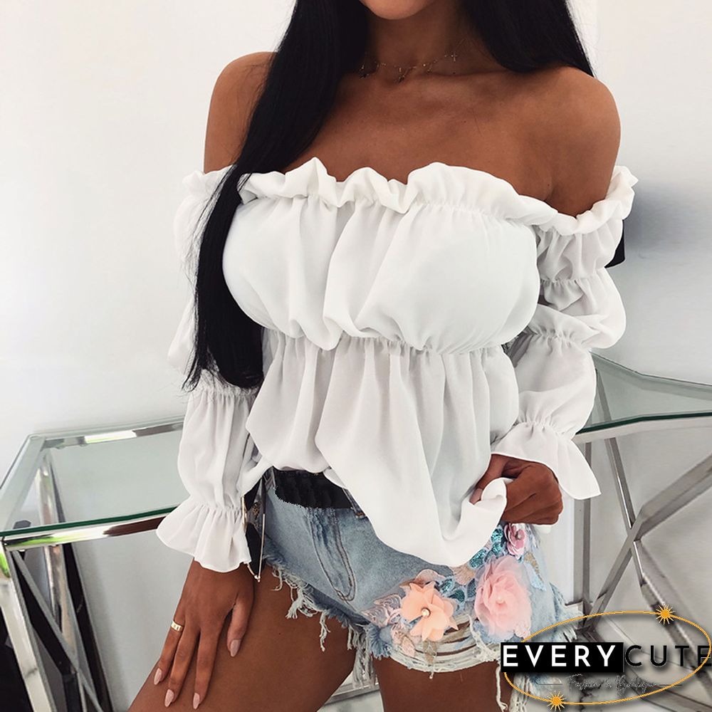 Womens Tops And Blouses Sexy Solid Color Off Shoulder Ruff Sleeve Long Sleeve Ruffled Women Blouse Women Shirts