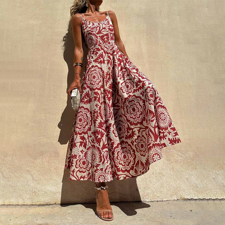 Red Print Spaghetti Strap Maxi Dress