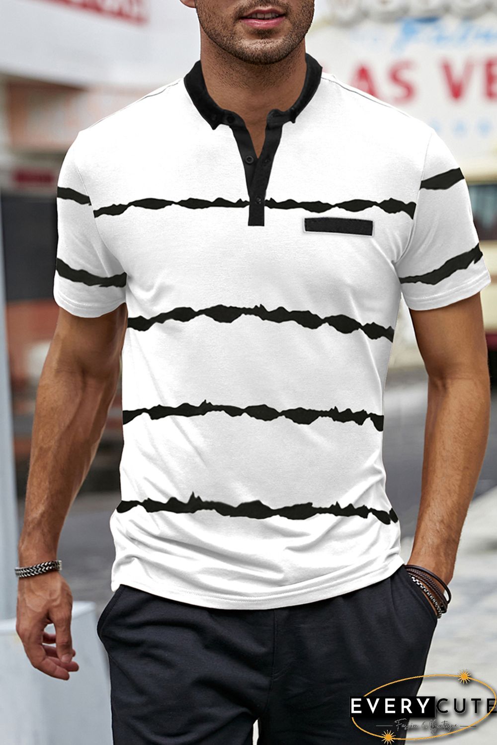 White Striped Buttoned Men's T-shirt
