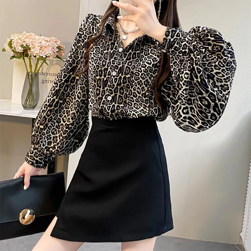 Vintage Leopard Printed Button Shirt Women's Clothing 2022 Spring New Fashion Lantern Sleeve Lapel Casual Loose Oversized Blouse