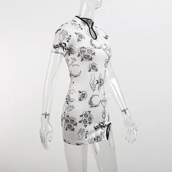 Womens Vintage Cheongsam Print Dress floral white short sleeve high waist skinny mini