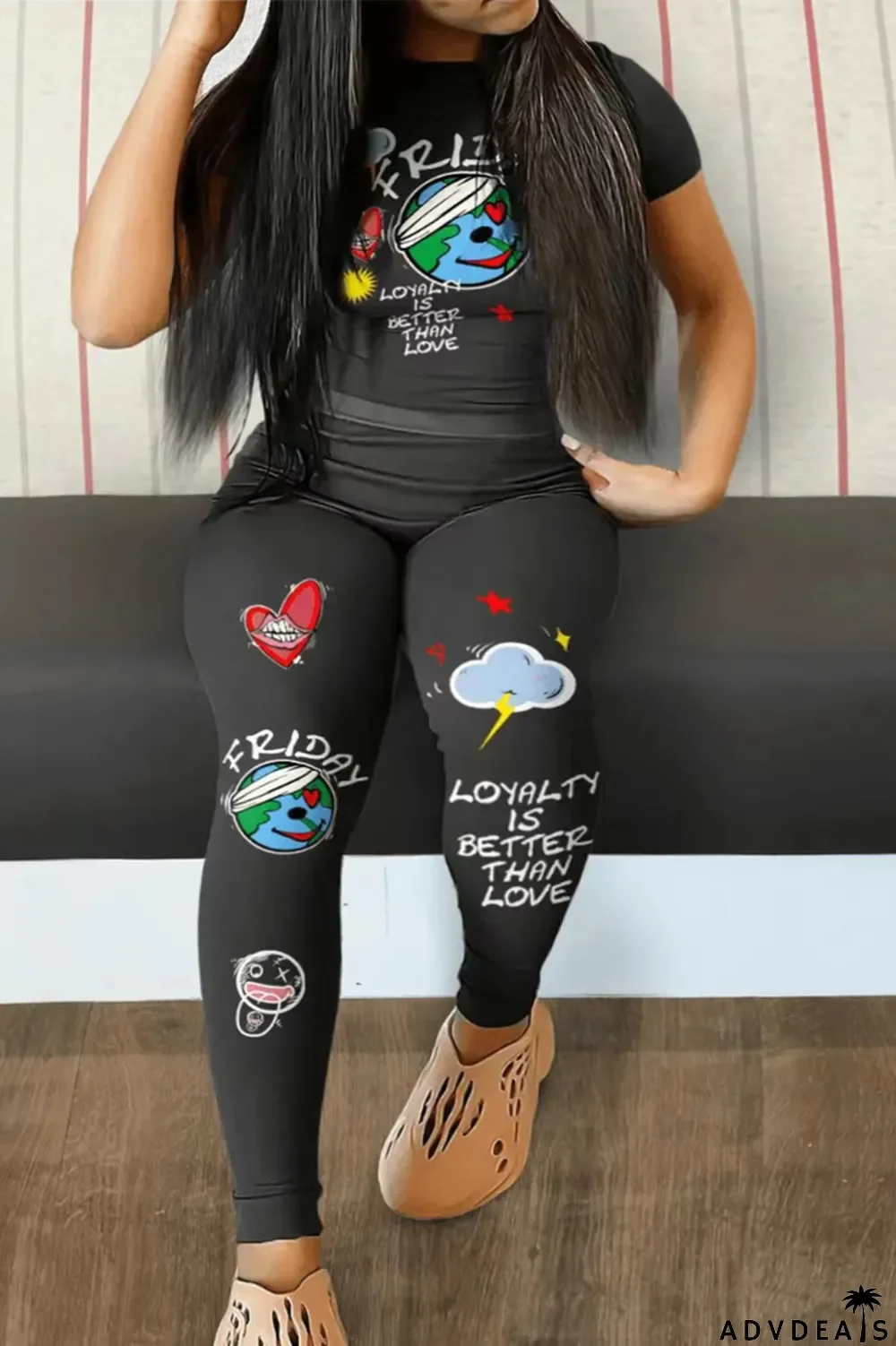 Black Red Casual Print Patchwork O Neck Plus Size Two Pieces