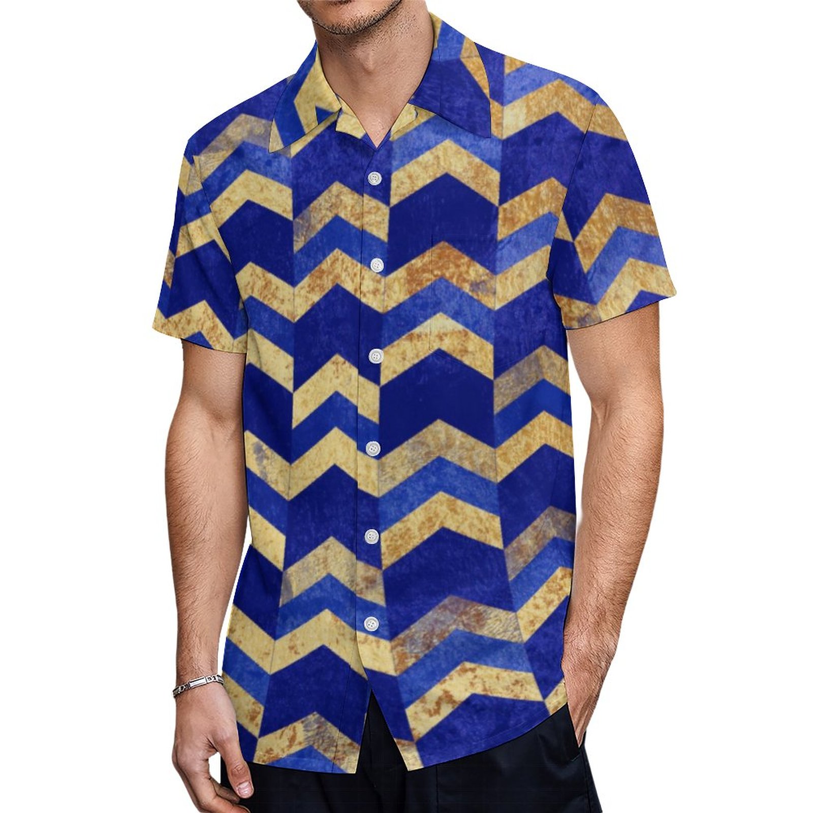 Chic Royal Blue And Gold Herringbone Patterned Hawaiian Shirt Mens Button Down Tropical Hawaii Beach Shirts
