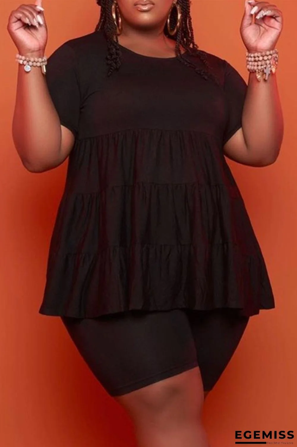 Black Fashion Casual Solid Patchwork O Neck Plus Size Two Pieces | EGEMISS