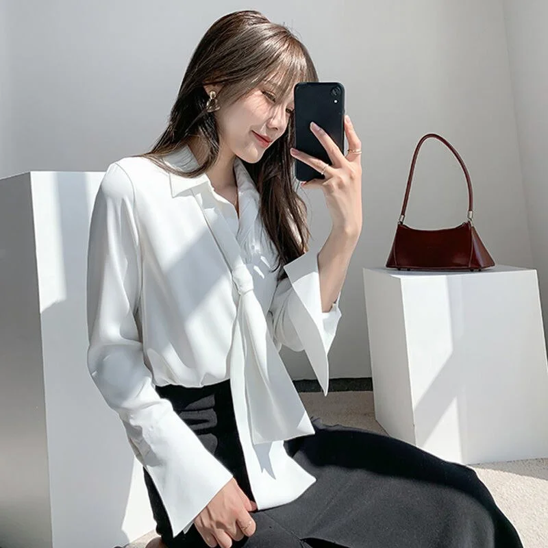 Jangj Solid Color Thick Chiffon Shirt 2022 Spring Summer Korean Style Blouse Bow Tie Elegant Casual Shirt for Female