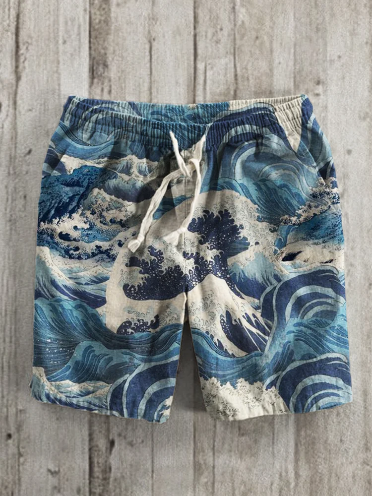 Sea Waves Japanese Ukiyo-e Art Linen Blend Shorts