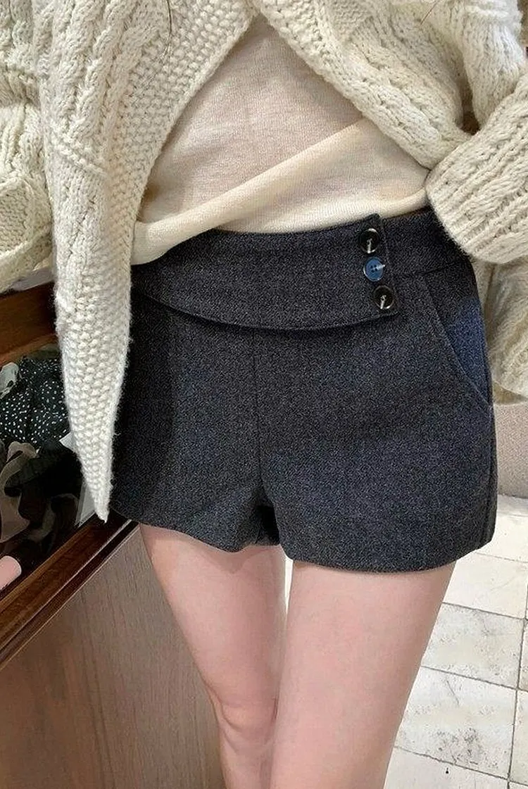 Tailored High Waist Shorts with Button Detail and Wool Blend Look