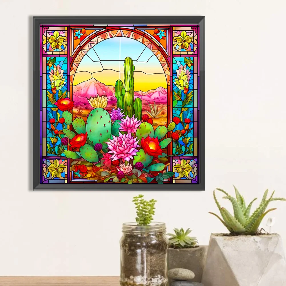 Diamond Painting - Full Round Drill - Stained Glass Cactus(Canvas|40*40cm)