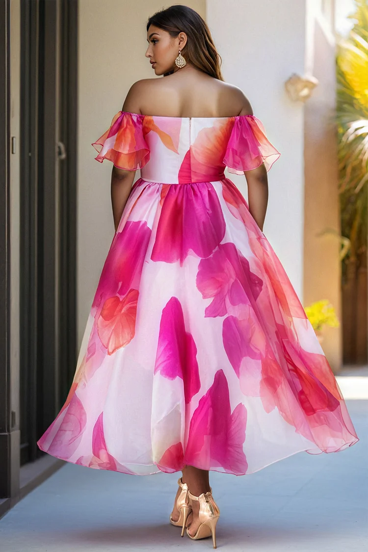 Xpluswear Design Plus Size Vacation Pink Sundress Floral Off The Shoulder Ruffle Chiffon Maxi Dresses [Pre-Order]