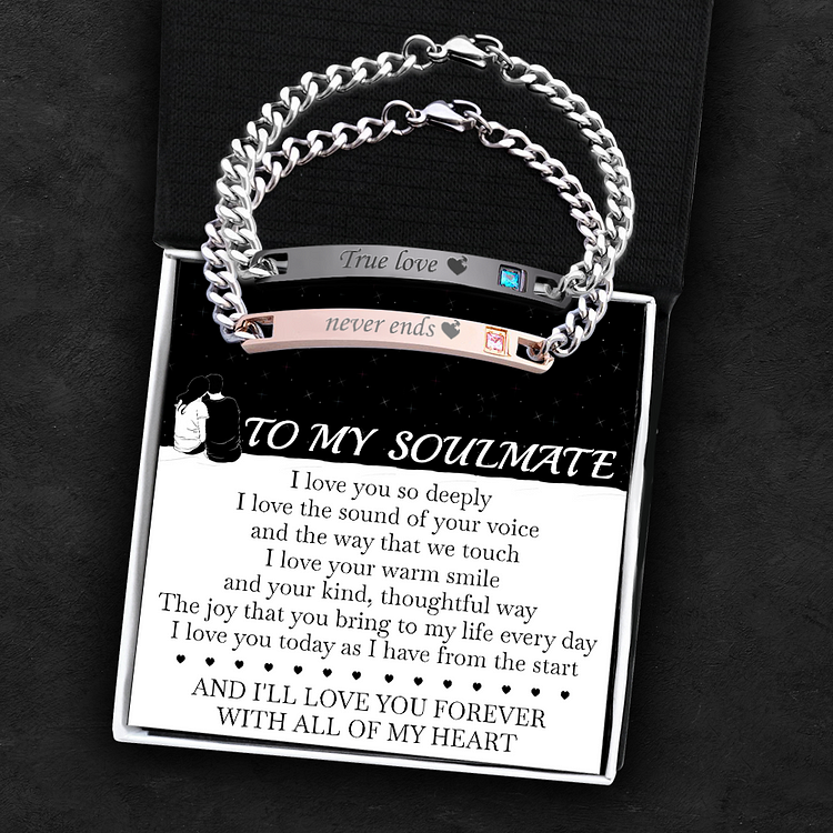 To My Soulmate Couple Birthstone Bracelet Engraved ID Bar Bracelets Gift Set