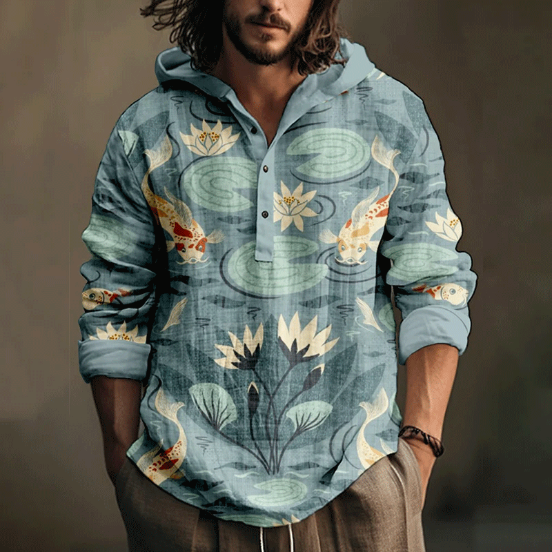 Men's Lotus Art Print Hooded Shirt-inspireuse