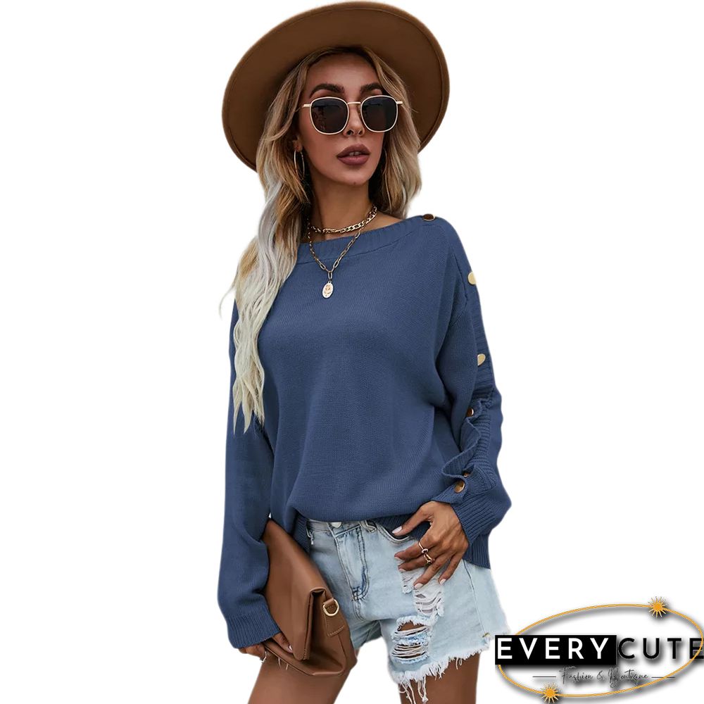 Navy Blue One-side Button Long Sleeve Pullover Sweater