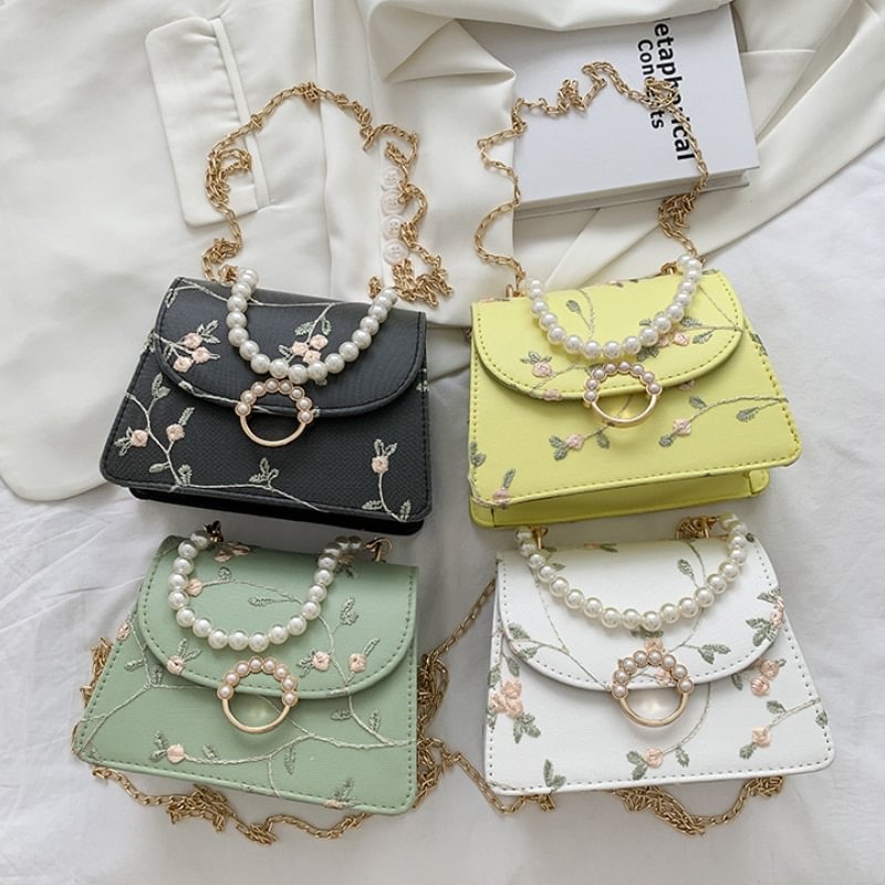 Women PU Net Yarn Flower Embroidery Shoulder Bags Messenger Bags Vintage Pearl Chain Handbags Female Fashion Flap Crossbody Bags US Mall Lifes