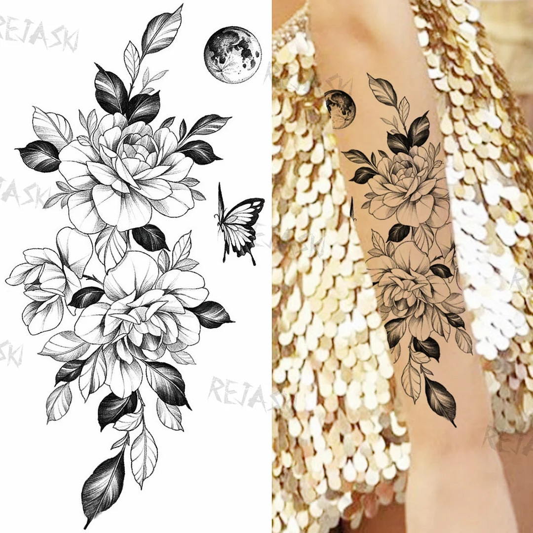 Sexy Snake Flower Fake Temporary Tattoo For Women Black Sunflower Tattoos Bloosom Big Daisy Camellia Water Transfer Tatoos Legs
