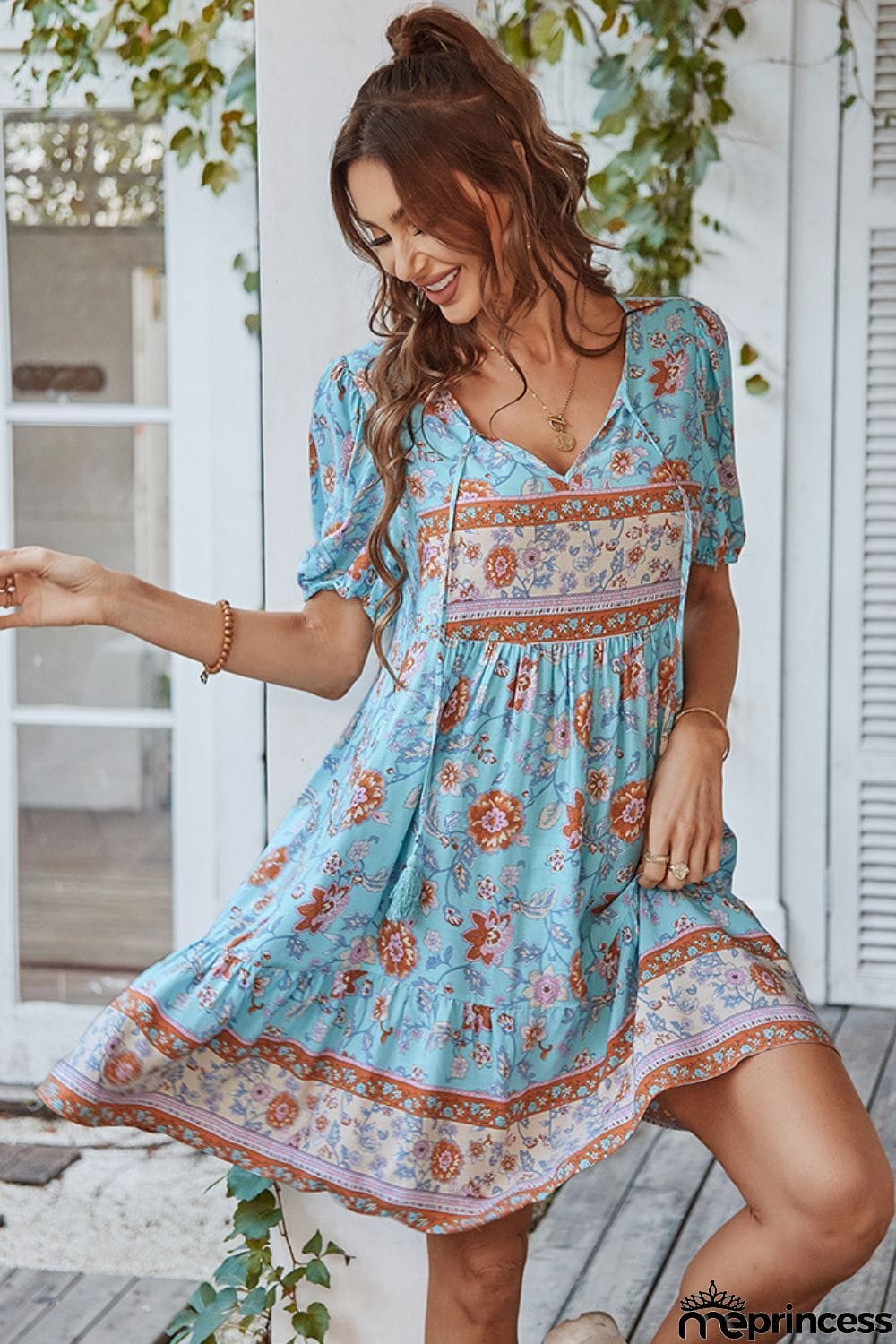 Tie Neck Short Sleeve Mini Dress