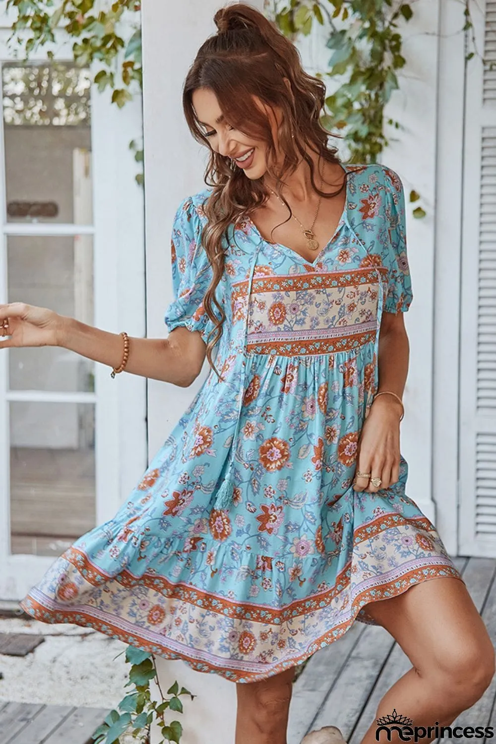 Tie Neck Short Sleeve Mini Dress