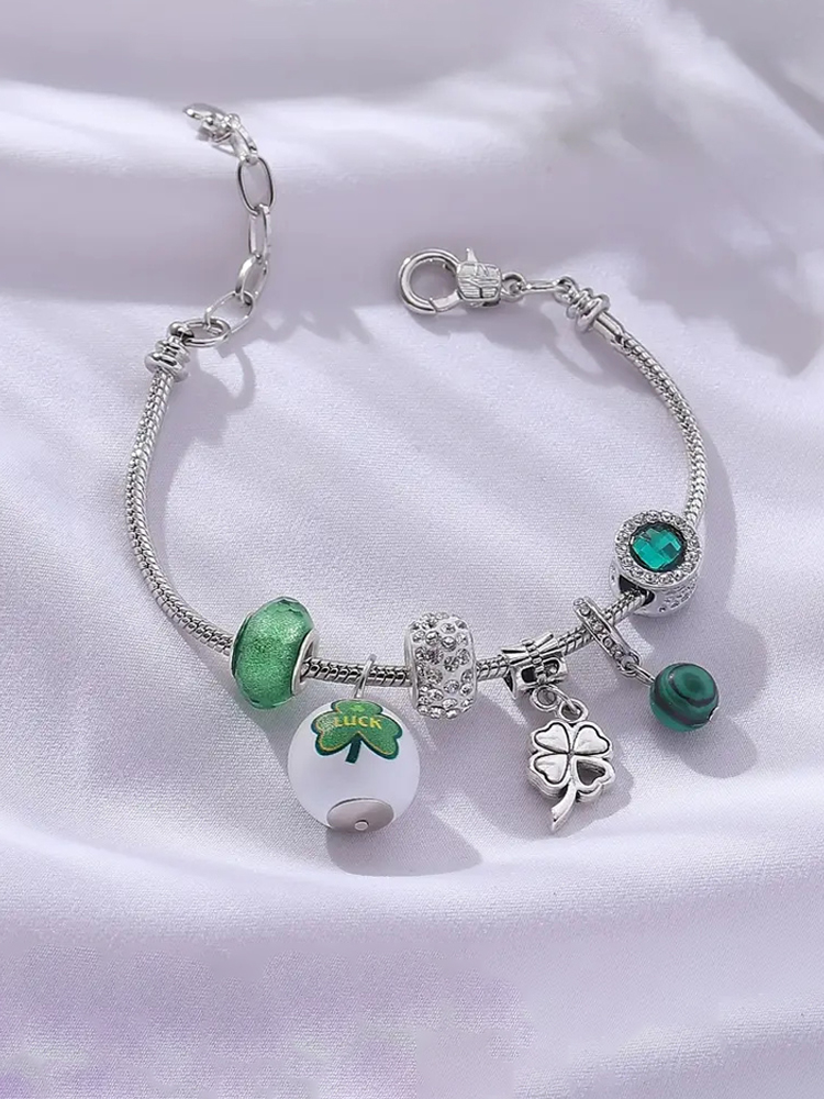 Comstylish St. Patrick's Day Charm Bracelet With Four Leaf Clover Pendant
