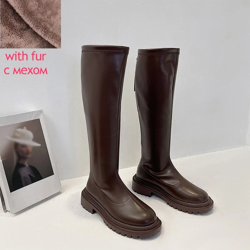 Women's Long Boots Soft PU Leather Autumn Shoes Thick Soled Platform Fashion Ladies Knee High Boots 2021 Solid Color Female Boot
