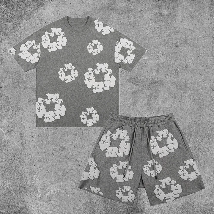 Denim Tears Wreath Vintage Cotton Puff Print T-Shirt And Shorts Co-Ord T-Shirt Set