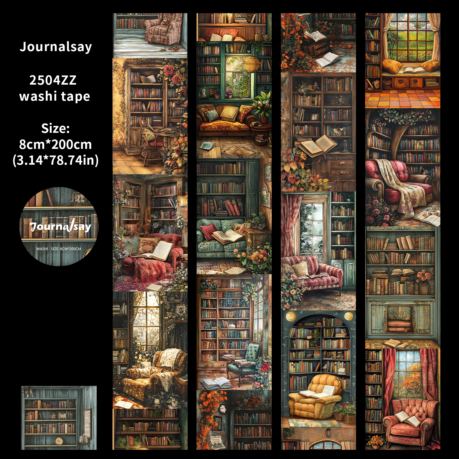Washi Tape - 80mm*200cm Vintage Bookshelf Flower Bedroom Landscape