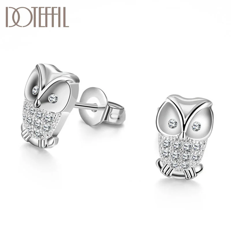 DOTEFFIL 925 Sterling Silver Owl AAA Zircon Earring For Woman Jewelry