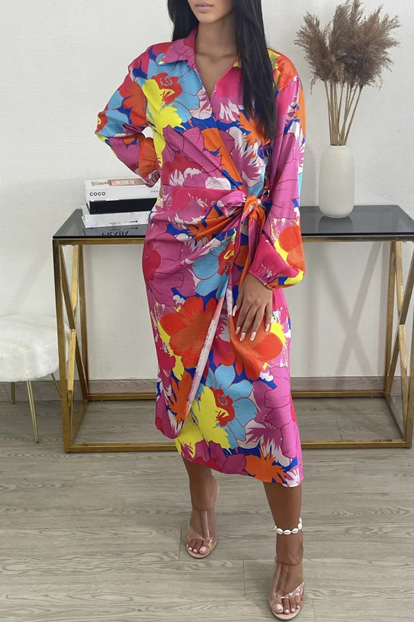 Colorful Print Wrap Knotted Dress