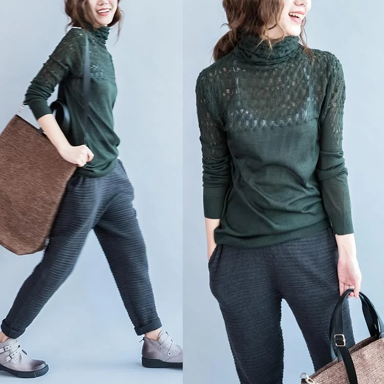 Blackish green woolen cashmere sweaters turtle neck knit sweaters hollowed shoulder