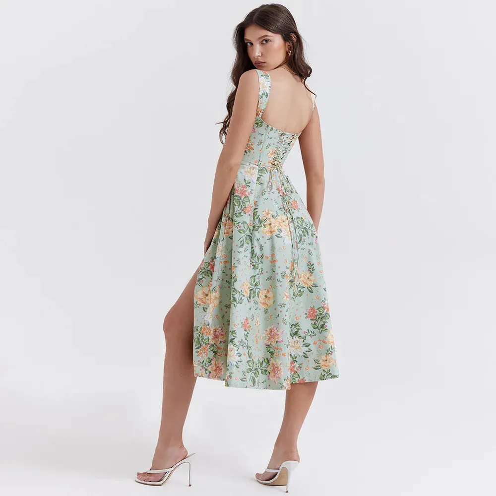 Brownm Floral Corset Midi Dress