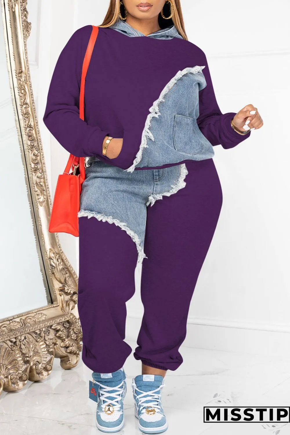 Orange Casual Patchwork Contrast Hooded Collar Plus Size Two Pieces
