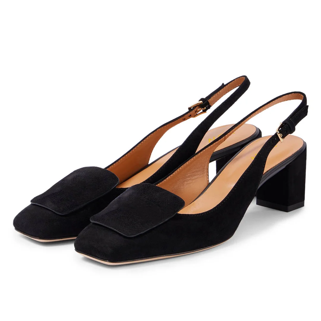 Vegan Suede Square Toe Buckle Chunky Heel Slingback Pumps in Black