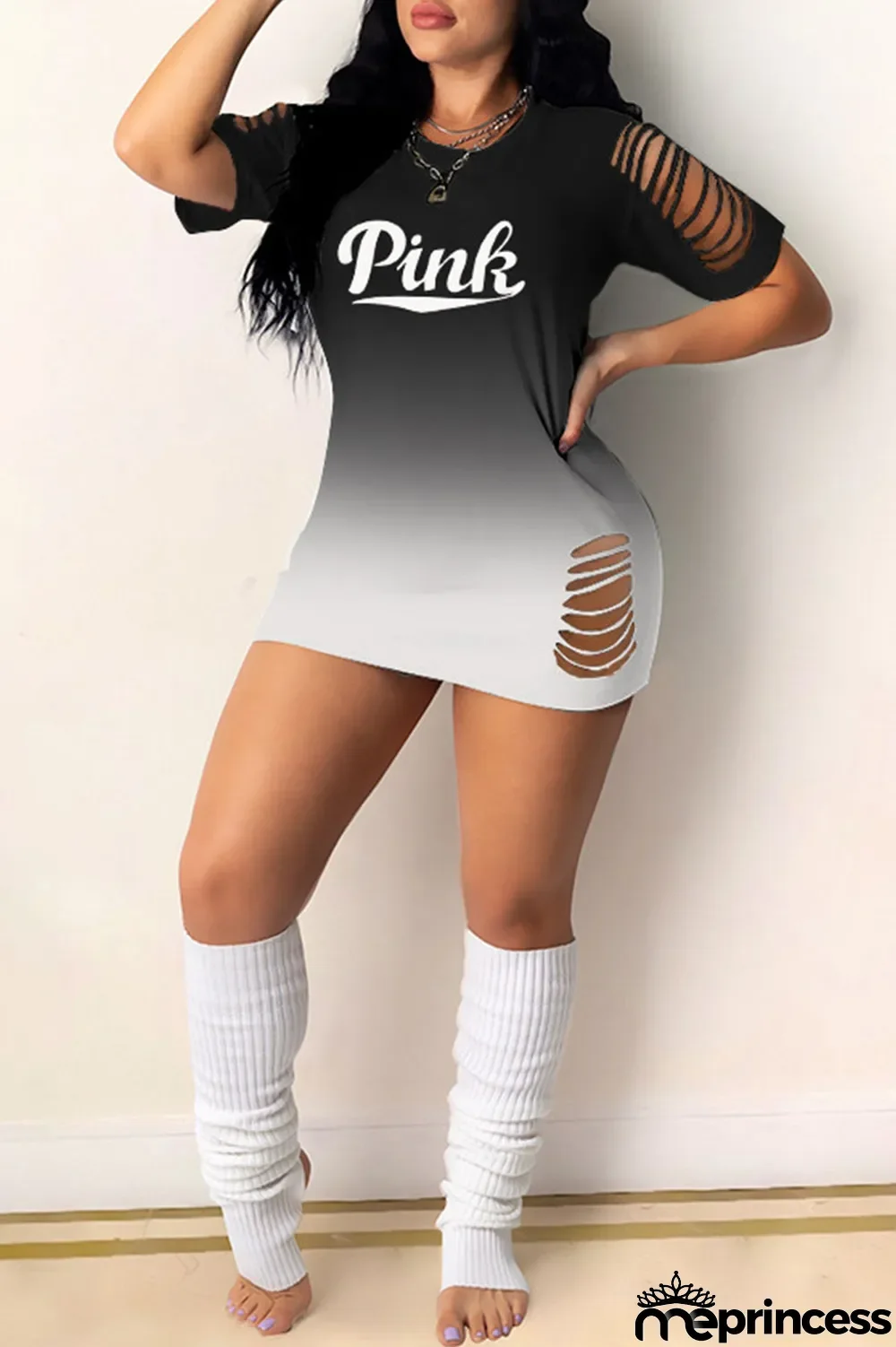 Pink Sexy Gradual Change Letter Ripped O Neck Wrapped Skirt Dresses