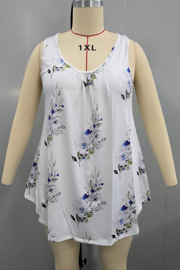 Plus Size Floral Print Round Neck Curved Hem Casual Tank Top  Flycurvy [product_label]