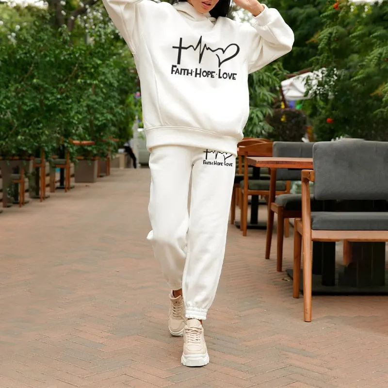 Oversize Heart Printed Fleece Women's Tracksuit Hoodies 2 Piece Set Sweatshirt + Pants Women Sport Suit Winter Sportswear