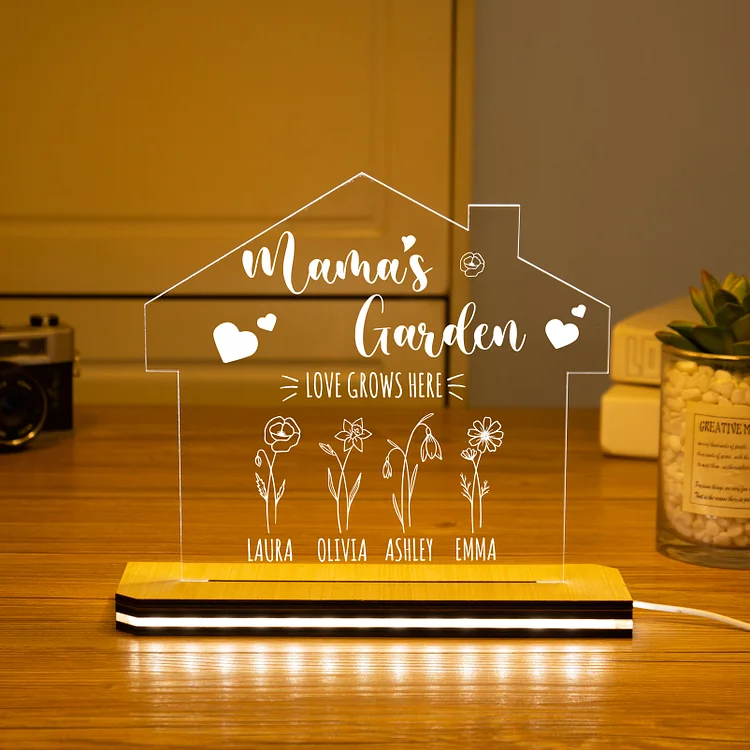 Custom Mama's Garden Night Light Engrave 4 Kids' Birth Flower LED Lamp