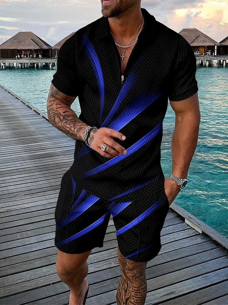 Men's Fashion Printed Zip Polo Shirt and Shorts Two-Piece Suits