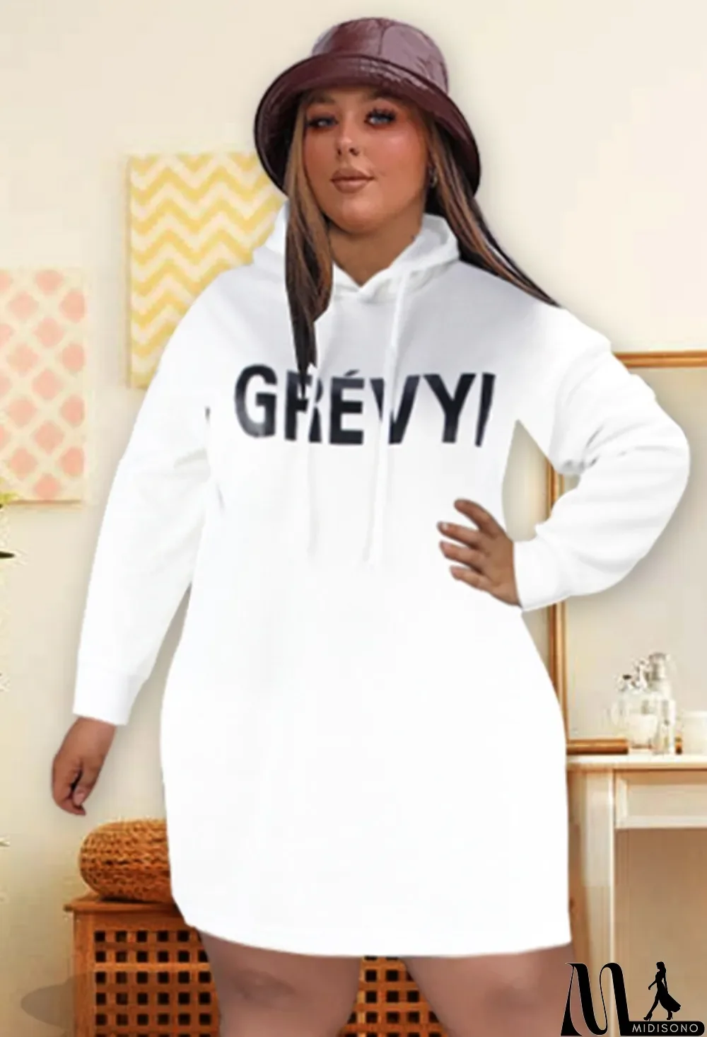 MidiSono - Winter Plus Size Casual White Letter Print Long Sleeve Hoodie Dress