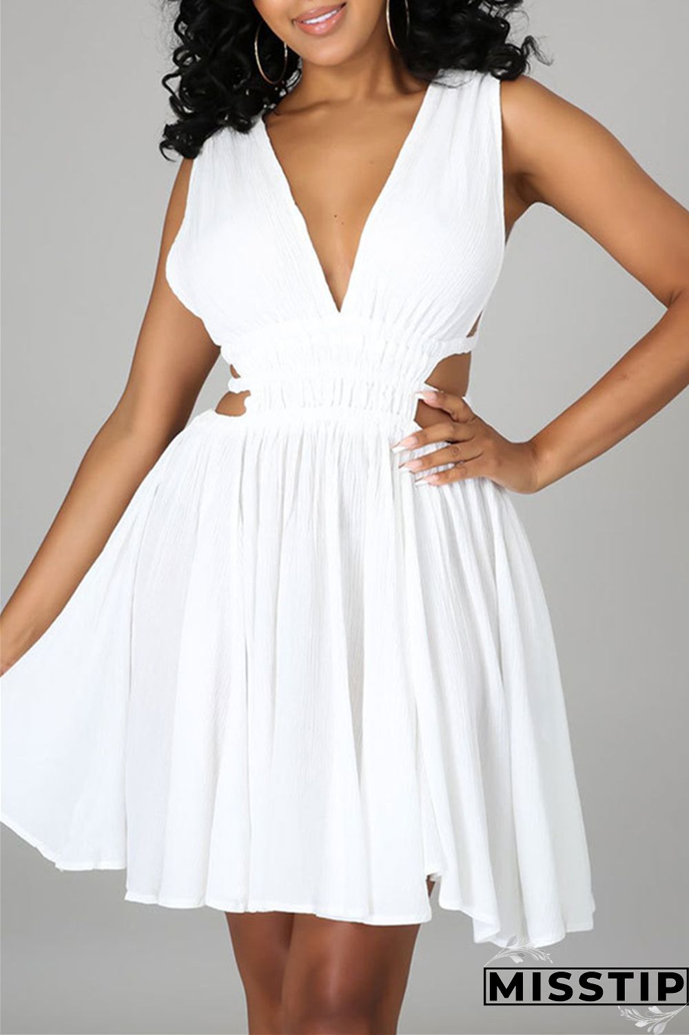 Blue Sexy Casual Solid Hollowed Out Backless V Neck Sleeveless Dress