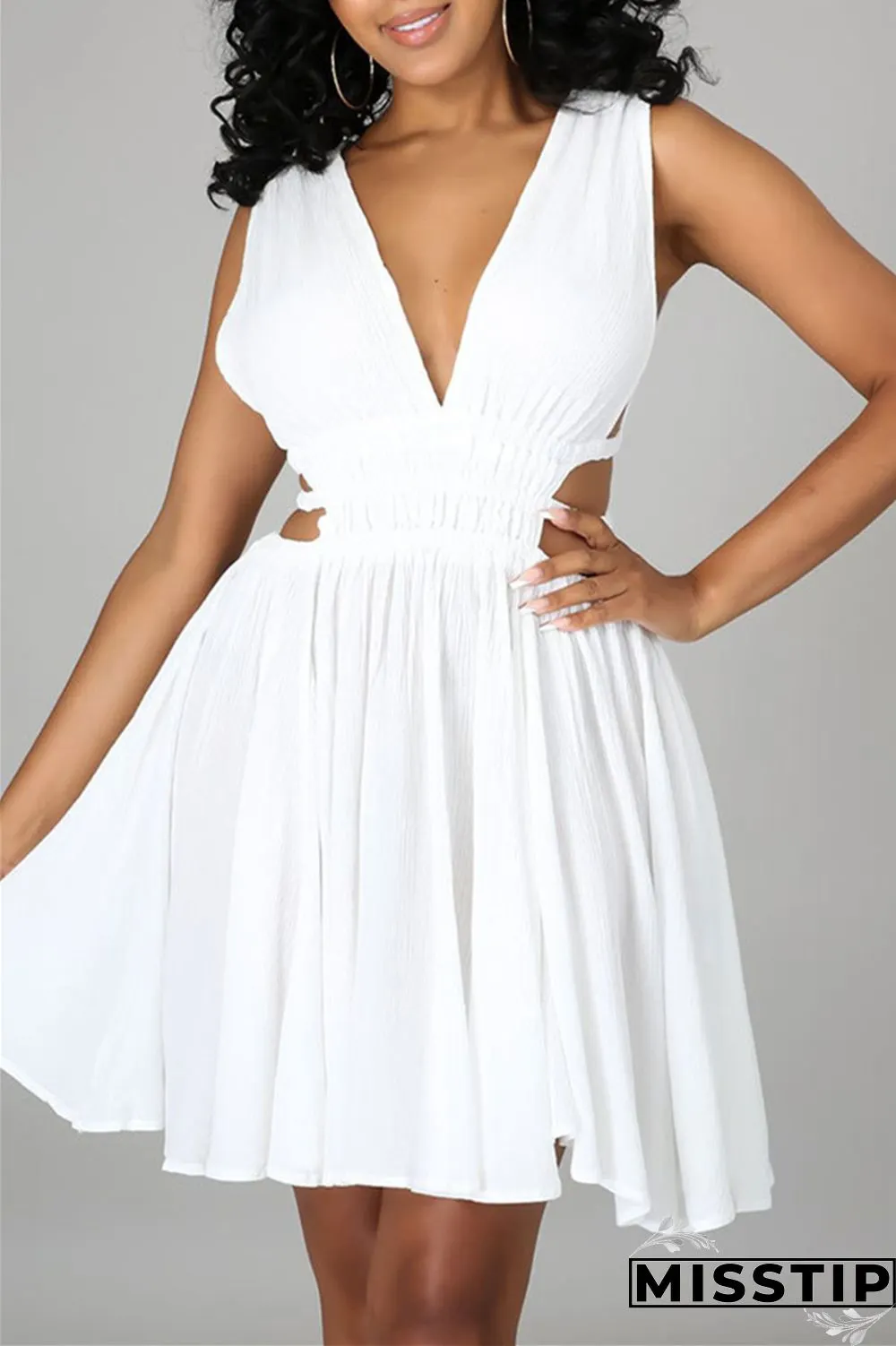 Blue Sexy Casual Solid Hollowed Out Backless V Neck Sleeveless Dress