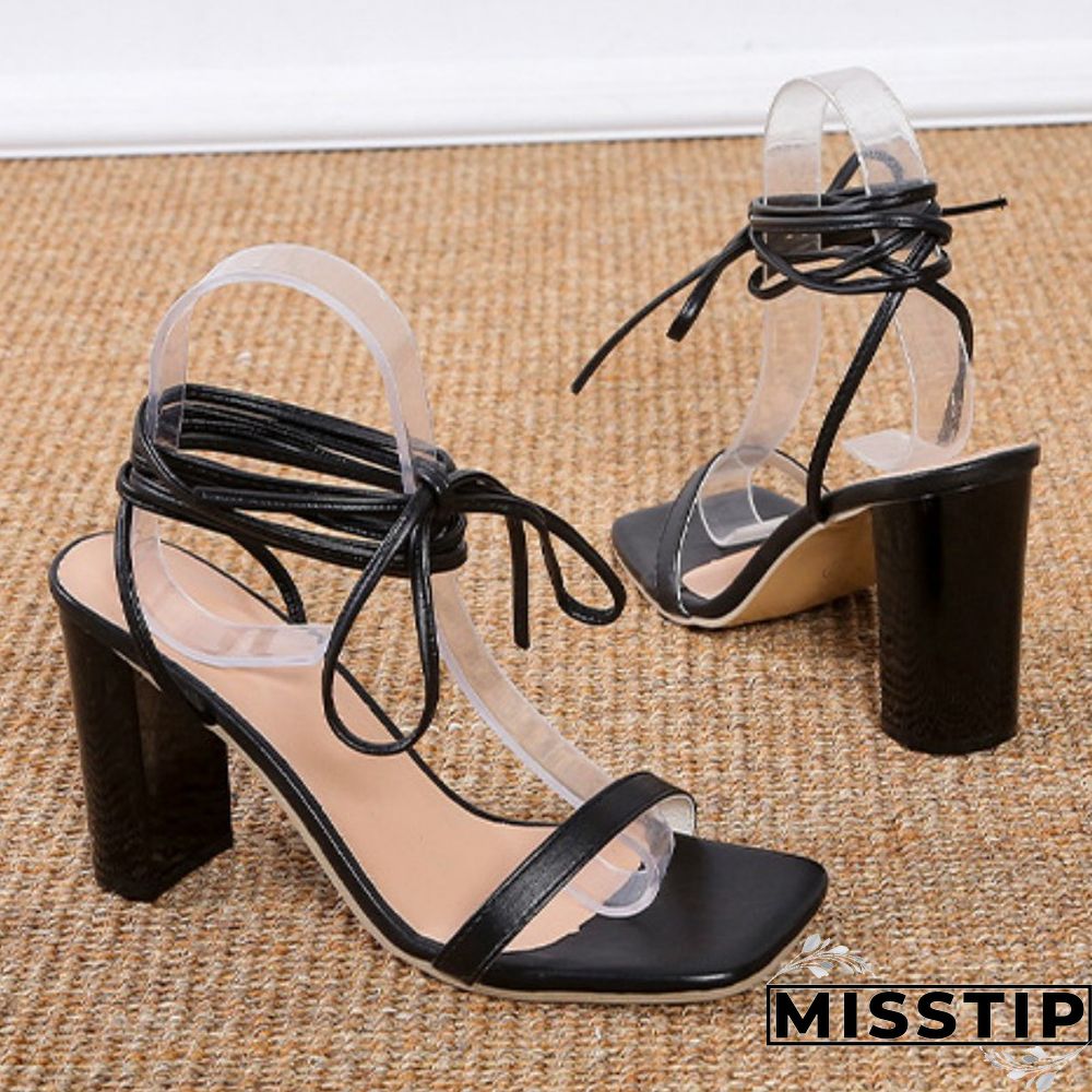 Black Casual Bandage Patchwork Printing Square Out Door Shoes (Heel Height 3.54in)