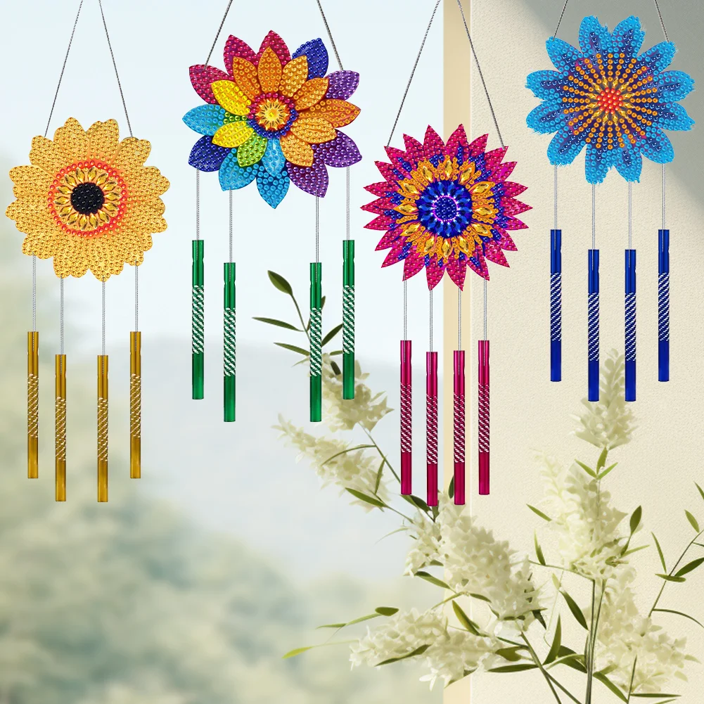4Pcs Acrylic Colorful Flower Diamond Painting Wind Chimes DIY Crystal Wind Chime