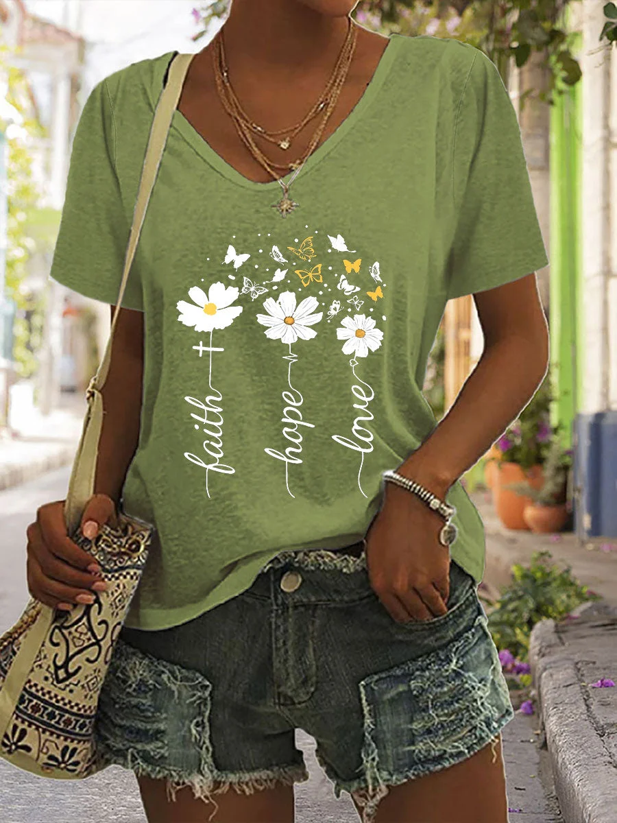 Faith Hope Love Daisy Butterfly V-neck T-shirt