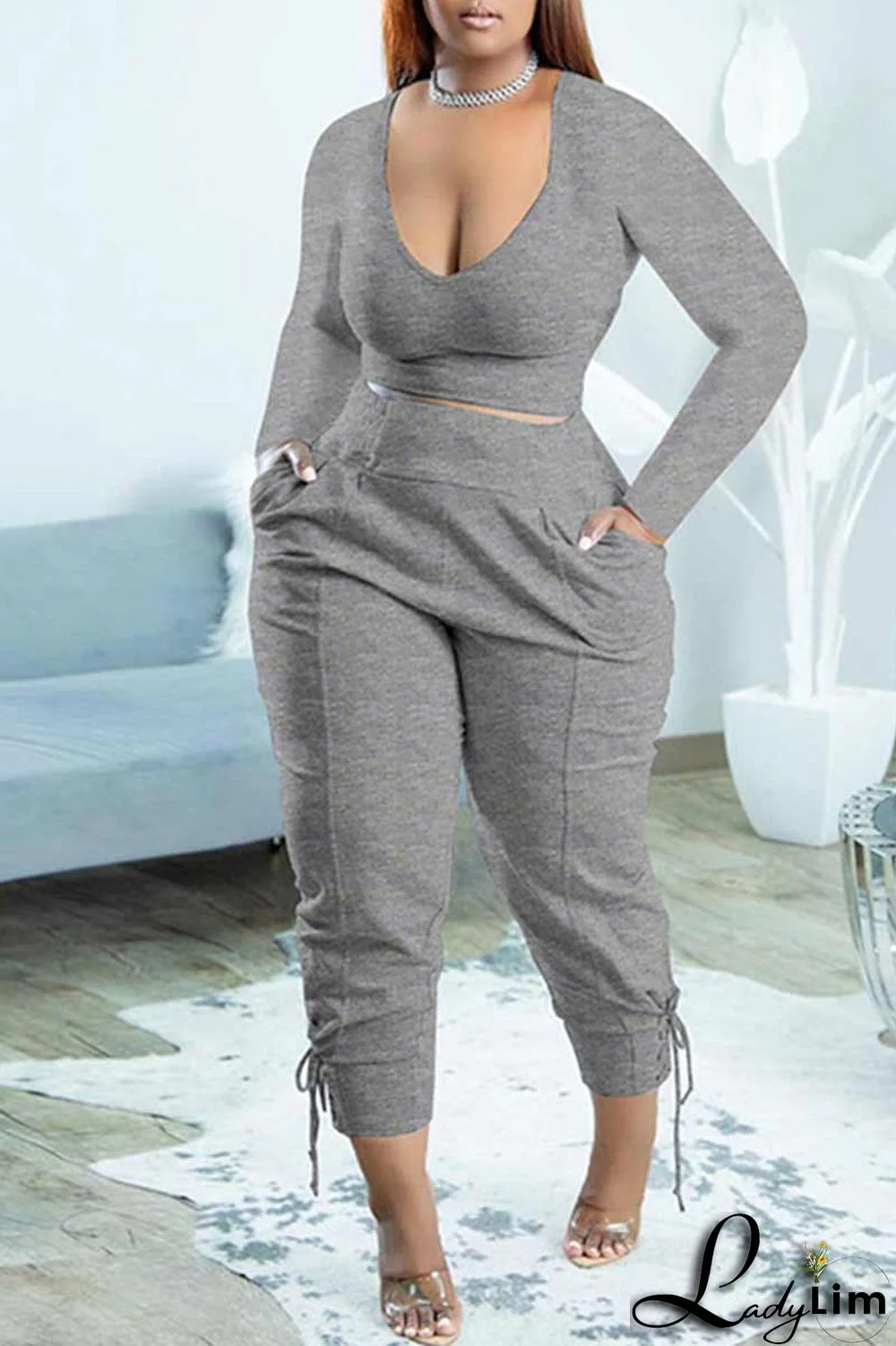 Grey Casual Solid Patchwork V Neck Long Sleeve Two Pieces