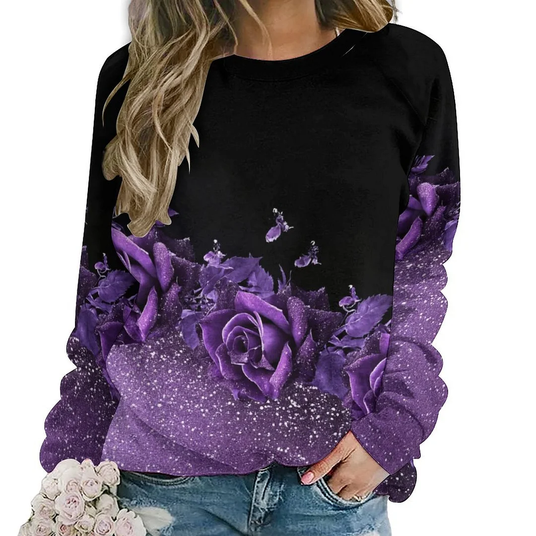 Printed Long Sleeve Casual Sweatshirt for  Women and Men Unisex Pattern Purple, Rose, Glitter, Black, Floral