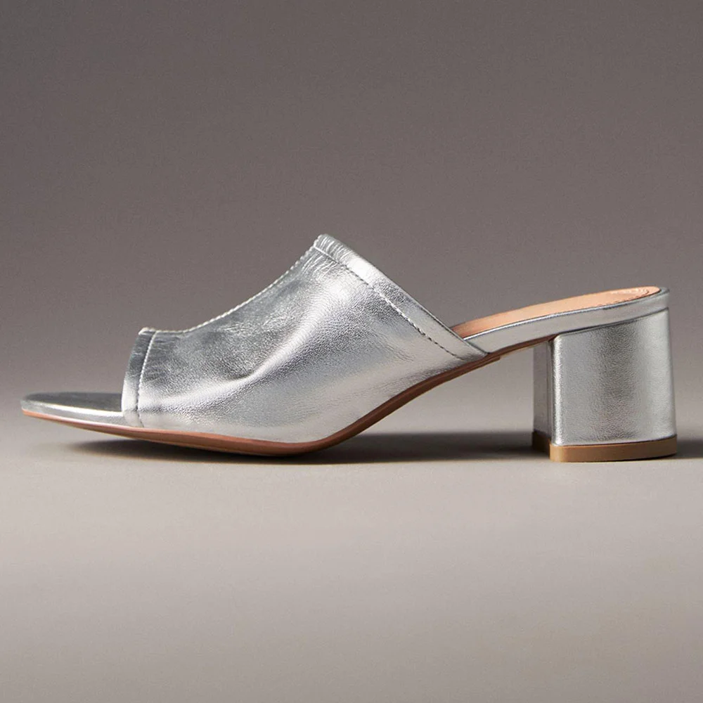 YDN Women's Open Toe Low Chunky Heel Mules Shoes in Silver